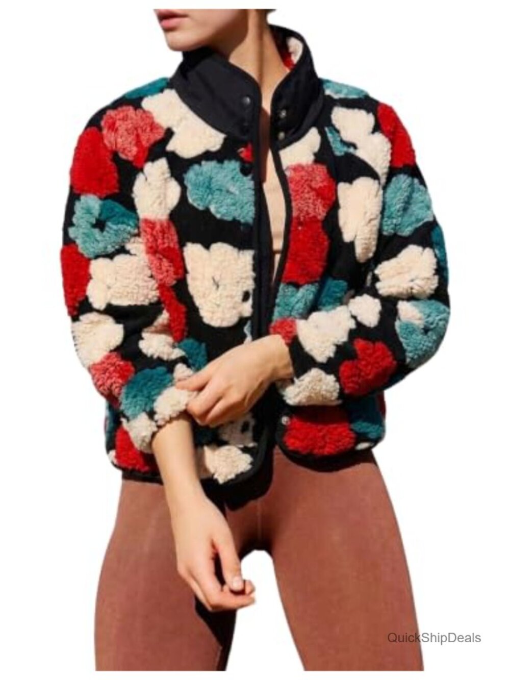 Floral Fleece Jacket Warm Button Down Sherpa Coat Fall